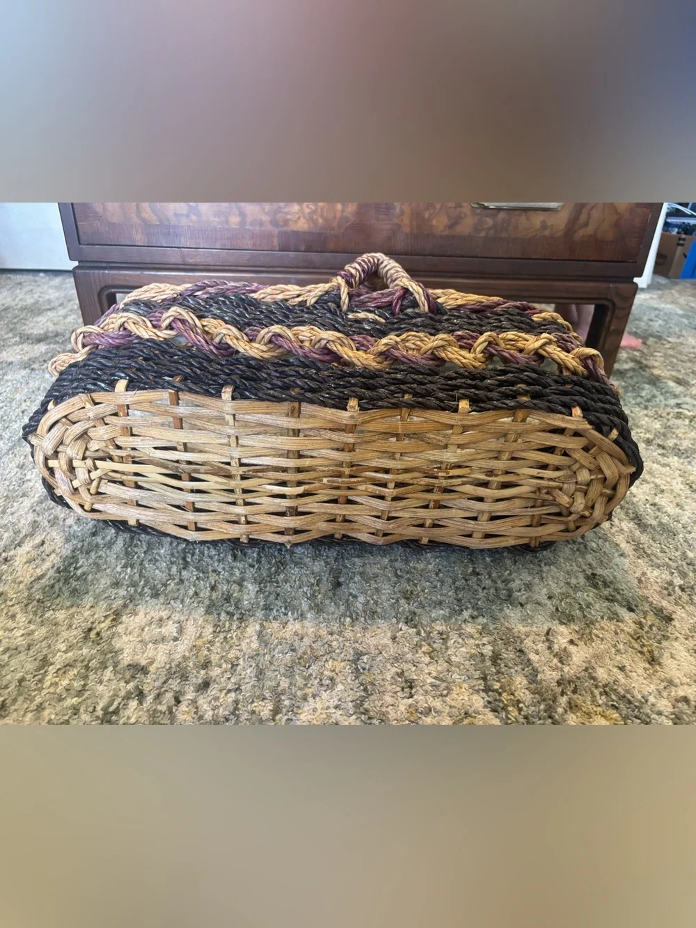 Large Woven Market Basket Brown Black Purple Boho 18.5”